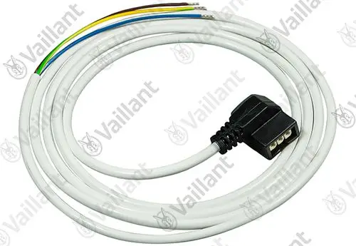 Vaillant Netzanschlusskabel mit mehreren farbigen Leitungen, die in einem runden Kabelstrang zusammengefasst sind. Anschlussstecker am Ende für elektrische Verbindungen.